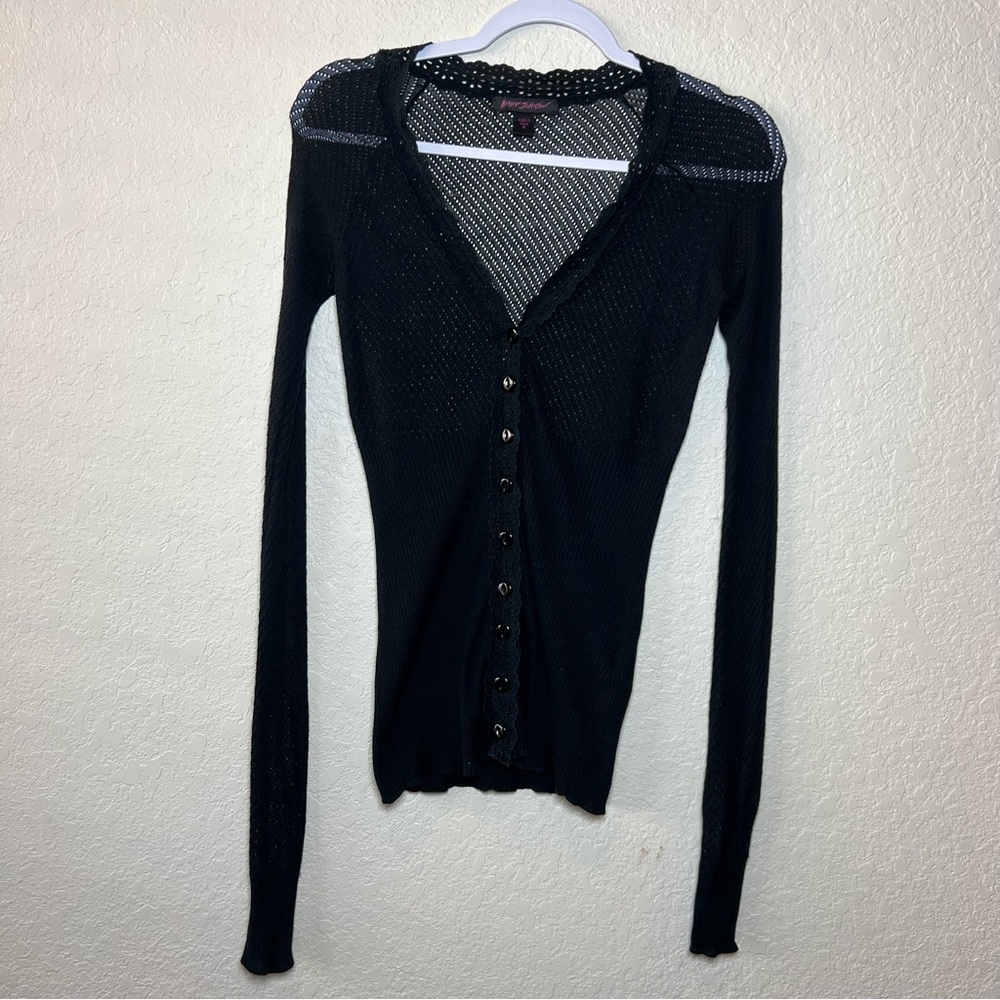 Women's Black Button-Front Mesh Sweater